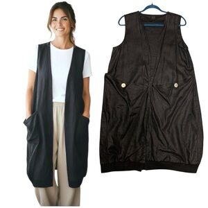 Blu No.9 Black Linen Open Vest Sz M/L Unstructured Slouchy Lagenlook Minimalist